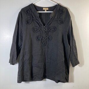 Womens Choices‎ Embroidered Linen Tunic 3/4 Sleeve Black XL
